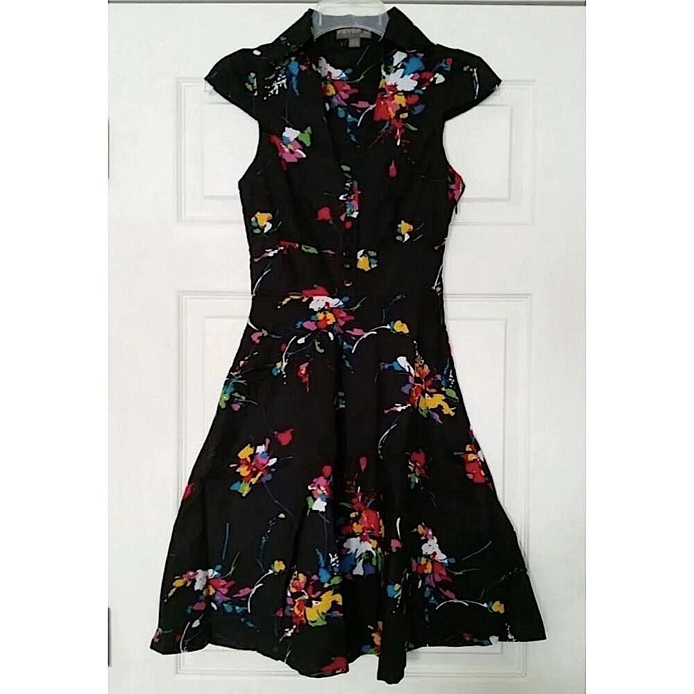 Black Floral Cotton ModCloth Midi Dress by Fever London Button Front Size 2